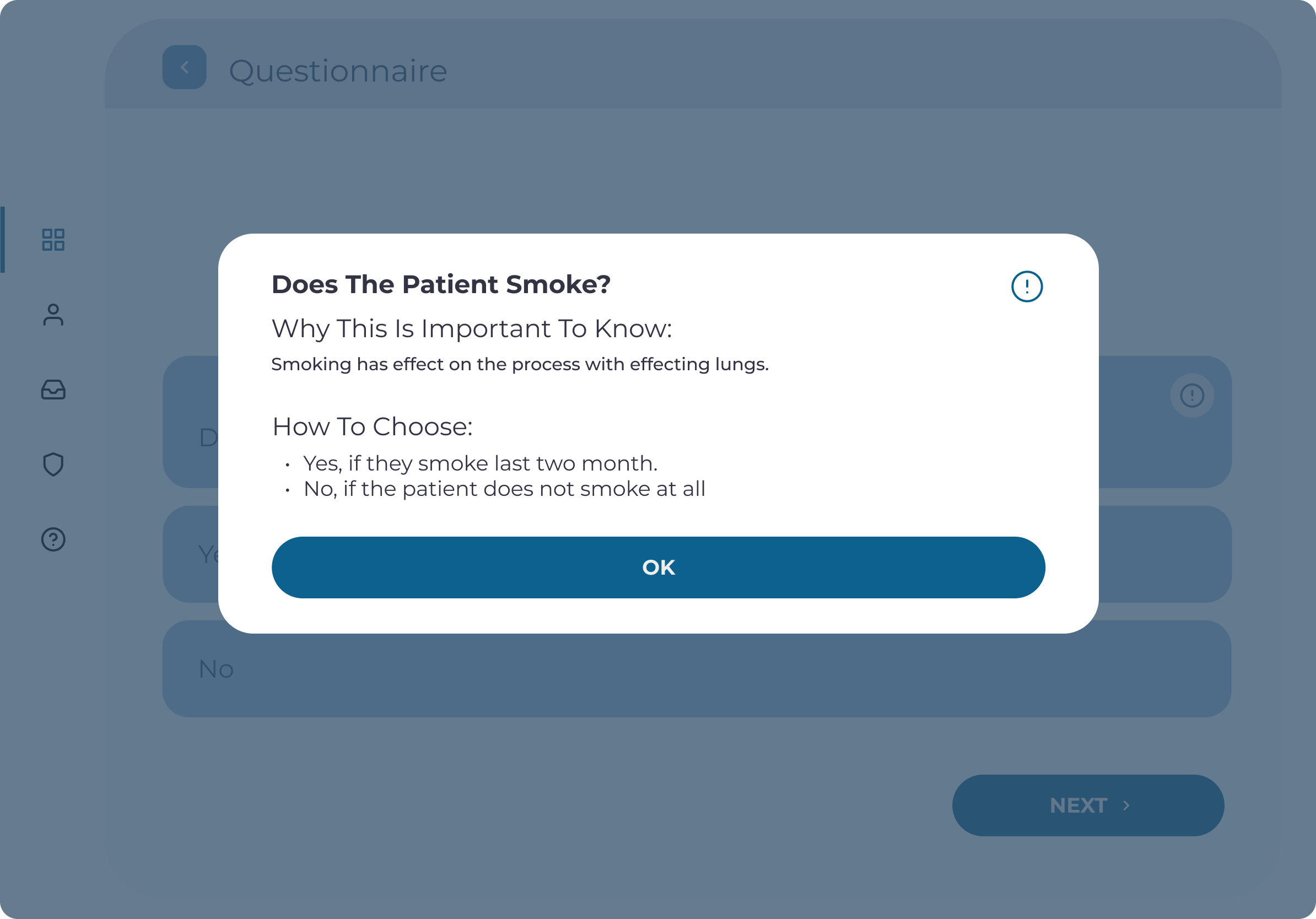 Questionnaire and pre-examination screen with tooltip open